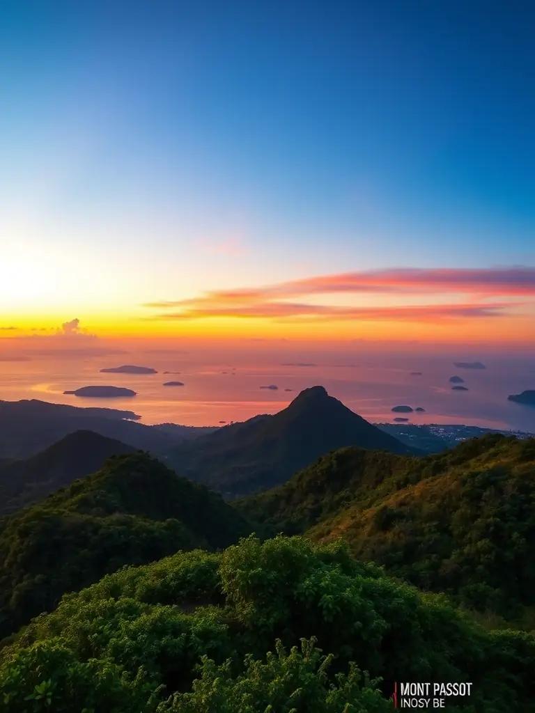 A breathtaking sunset over Mont Passot, Nosy Be, with panoramic views of the surrounding islands and the Indian Ocean.