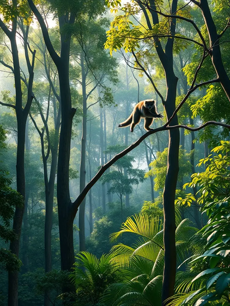A lush, green rainforest scene in Marojejy National Park, Madagascar, with tall trees, dense vegetation, and a glimpse of a rare Silky Sifaka lemur. The image should convey the biodiversity and pristine nature of the park.