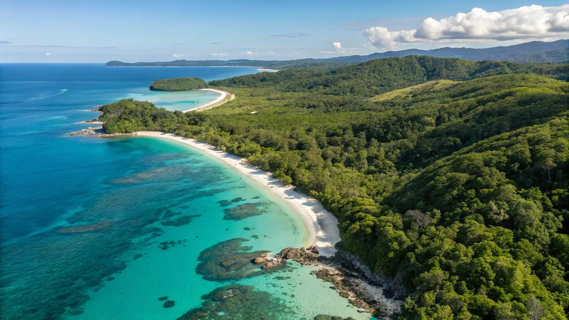 An aerial view of a commercial airplane landing at Fascene Airport in Nosy Be, Madagascar, with the turquoise waters of the Indian Ocean in the background.
