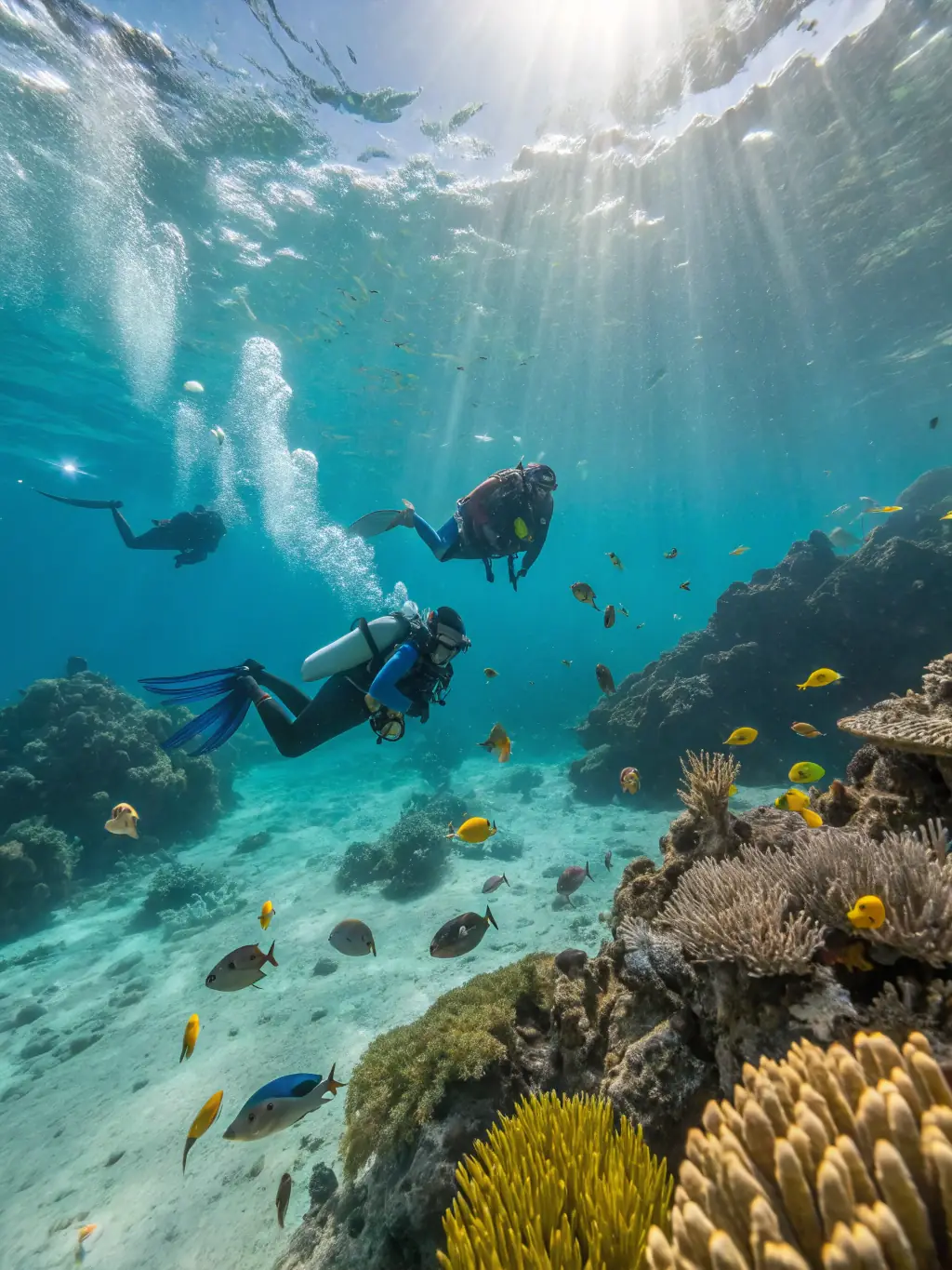 A vibrant image of tourists snorkeling in the crystal-clear waters of Nosy Be, surrounded by colorful coral reefs and tropical fish, showcasing the snorkeling tour.