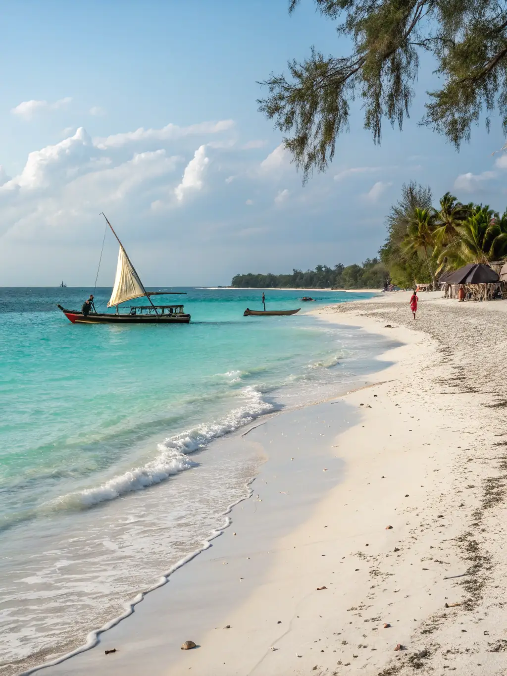 A vibrant photo of a beach in Nosy Be, Madagascar, with turquoise water, white sand, and a traditional pirogue boat pulled up on the shore. The image should evoke a sense of tropical paradise and relaxation, showcasing the beauty of Nosy Be's coastline.
