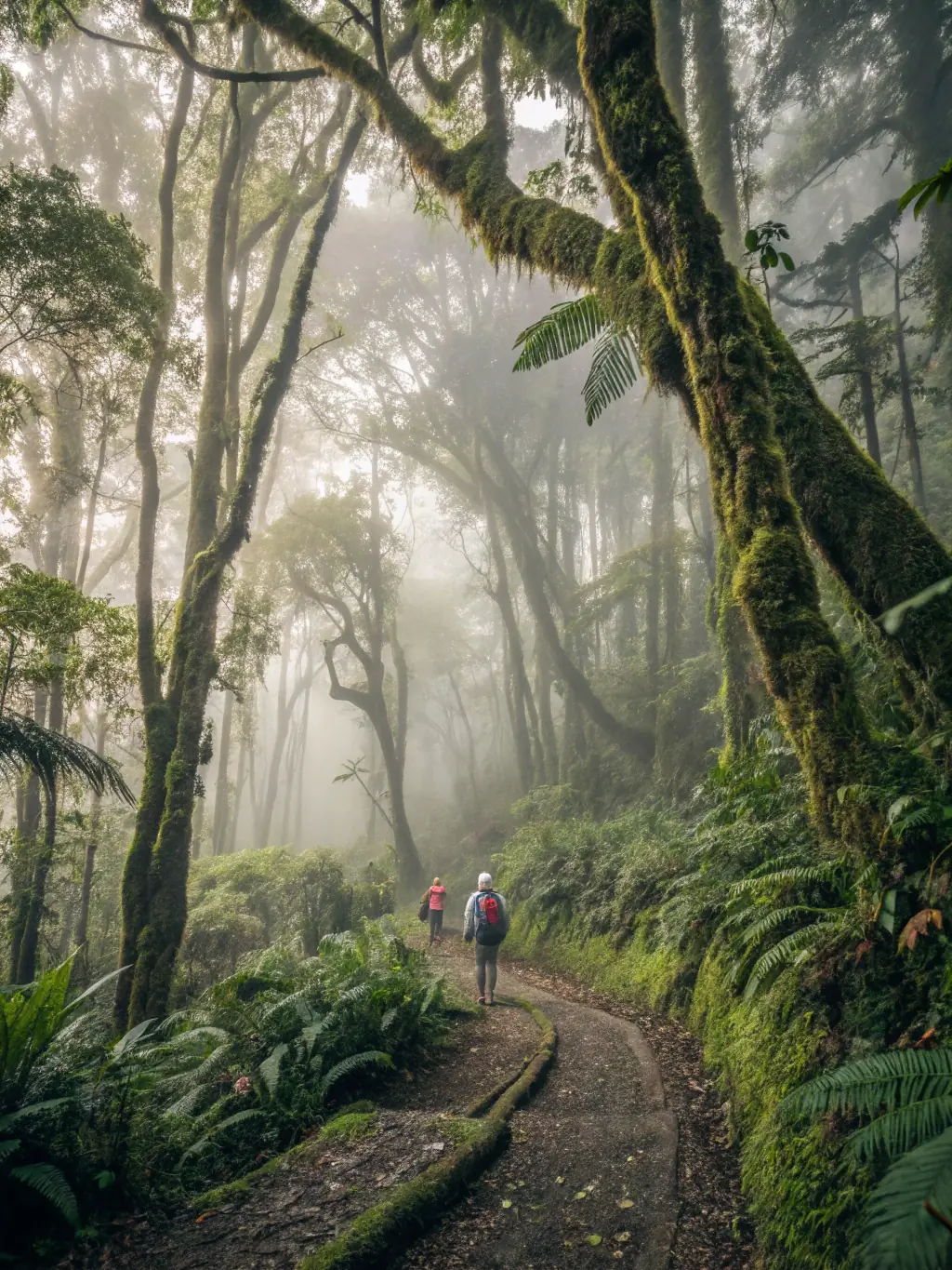 A panoramic view from the summit of Montagne d'Ambre National Park, Madagascar, showcasing the lush rainforest canopy stretching into the distance. Mist hangs in the air, creating a mystical atmosphere.