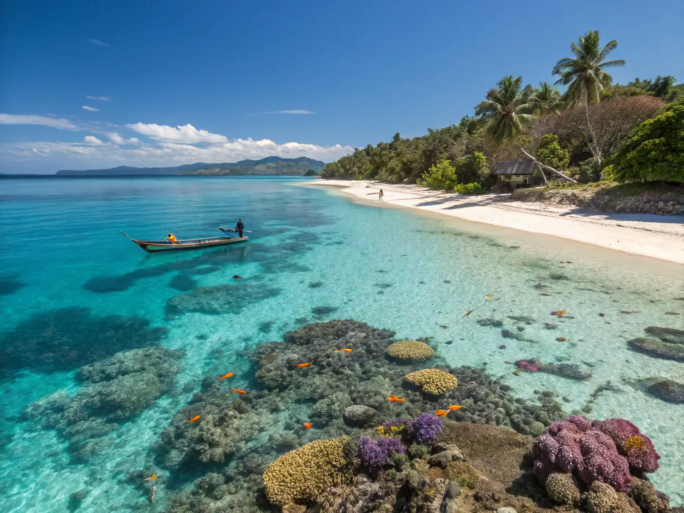 A vibrant, sun-drenched image of Nosy Be's coastline, featuring turquoise waters, white sandy beaches, and a traditional pirogue sailing in the distance. This image represents the island's tropical allure and the variety of marine activities available.