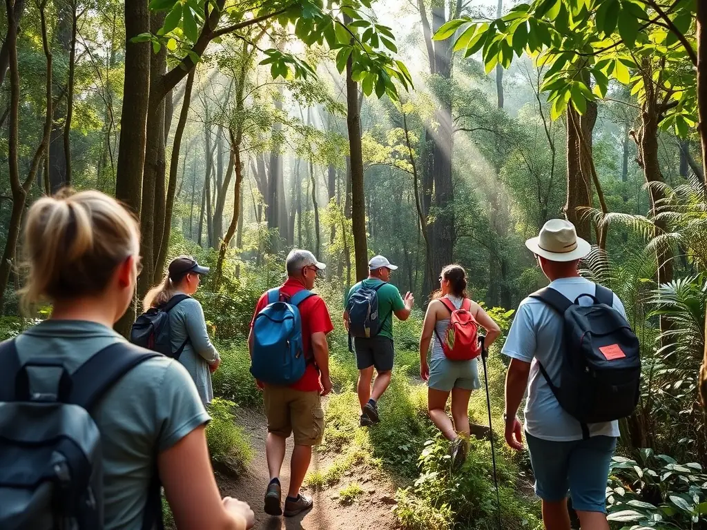 A vibrant photograph capturing a guide leading a small group of tourists through a dense, green forest trail in Lokobe National Park. The sunlight filters through the canopy, illuminating the path and highlighting the rich vegetation.