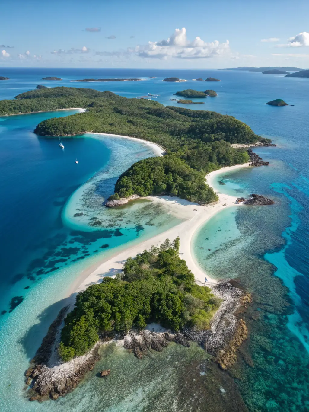 A stunning aerial view of the Mitsio archipelago, with turquoise waters, white sandy beaches, and traditional pirogues sailing between the islands.