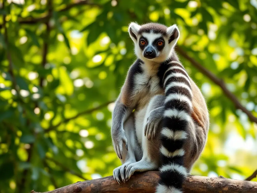 A close-up shot of a black lemur perched on a tree branch, looking directly at the camera. The background is blurred, emphasizing the lemur's distinctive features and highlighting its natural habitat within Lokobe National Park.