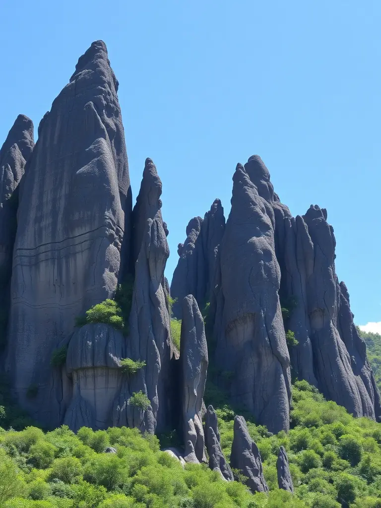 A stunning image of the Tsingy de Bemaraha National Park, featuring its unique limestone formations and lush green vegetation, highlighting the park's dramatic landscape and biodiversity.