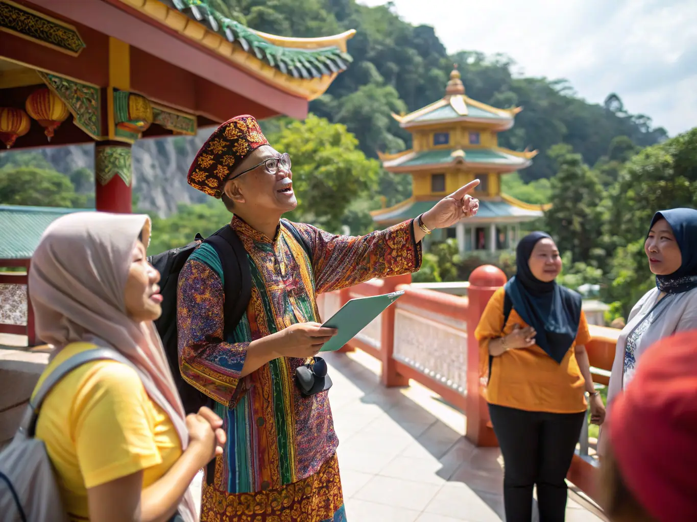 A friendly multilingual guide assisting international travelers with their inquiries, emphasizing the multilingual support offered by Nosy Be Travel.