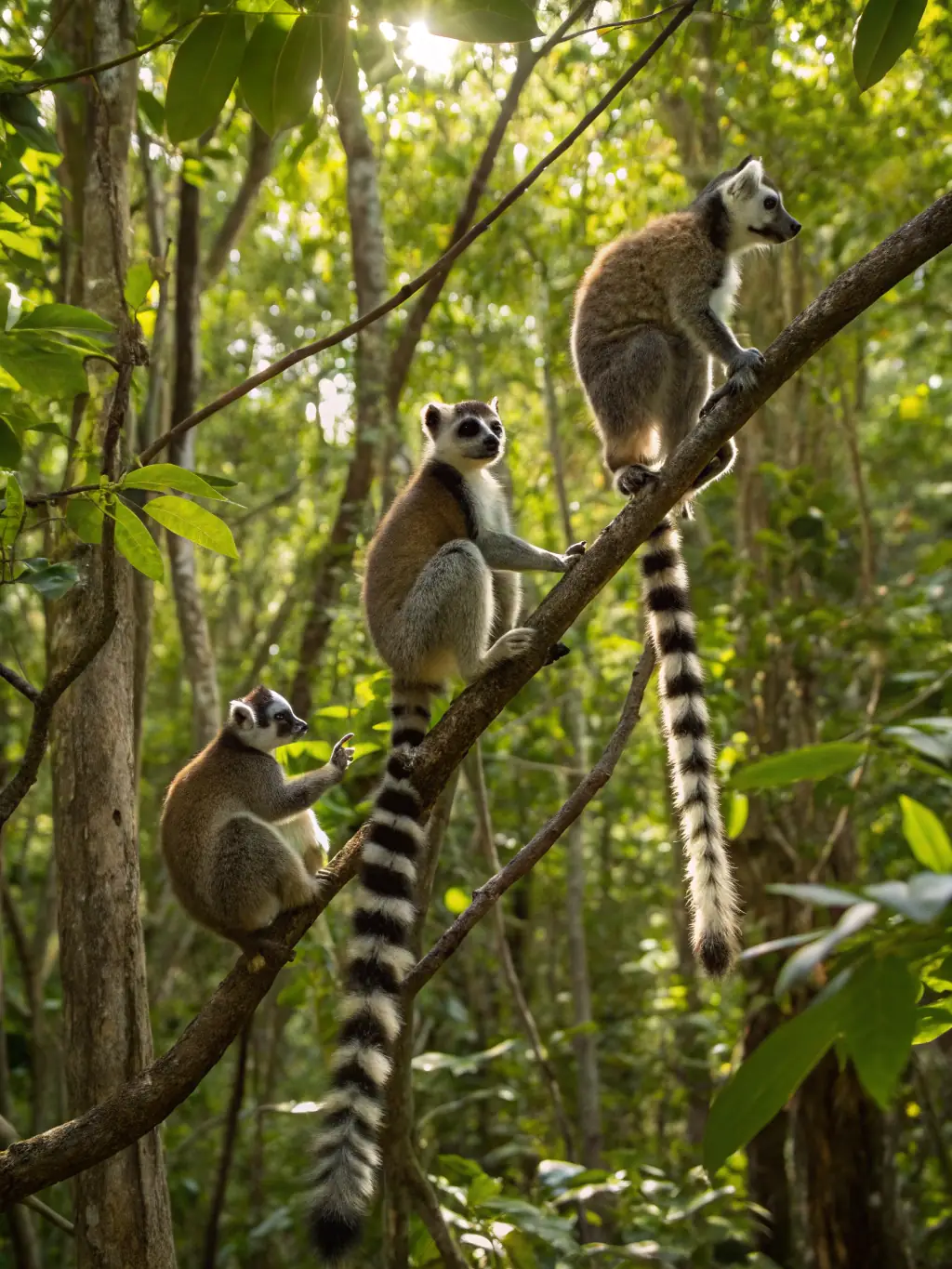 A captivating photograph of the Andasibe rainforest, showcasing lush greenery, tall trees, and a glimpse of the diverse wildlife, such as lemurs, that inhabit the area.