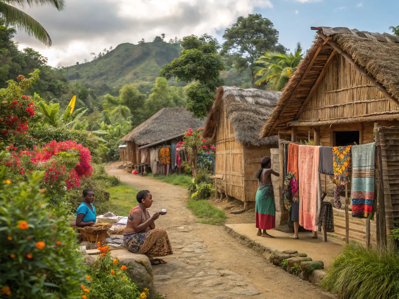 A photograph showing a local Malagasy artisan demonstrating traditional weaving techniques to a group of tourists in a village near Lokobe National Park. The artisan is smiling, and the tourists appear engaged and interested.