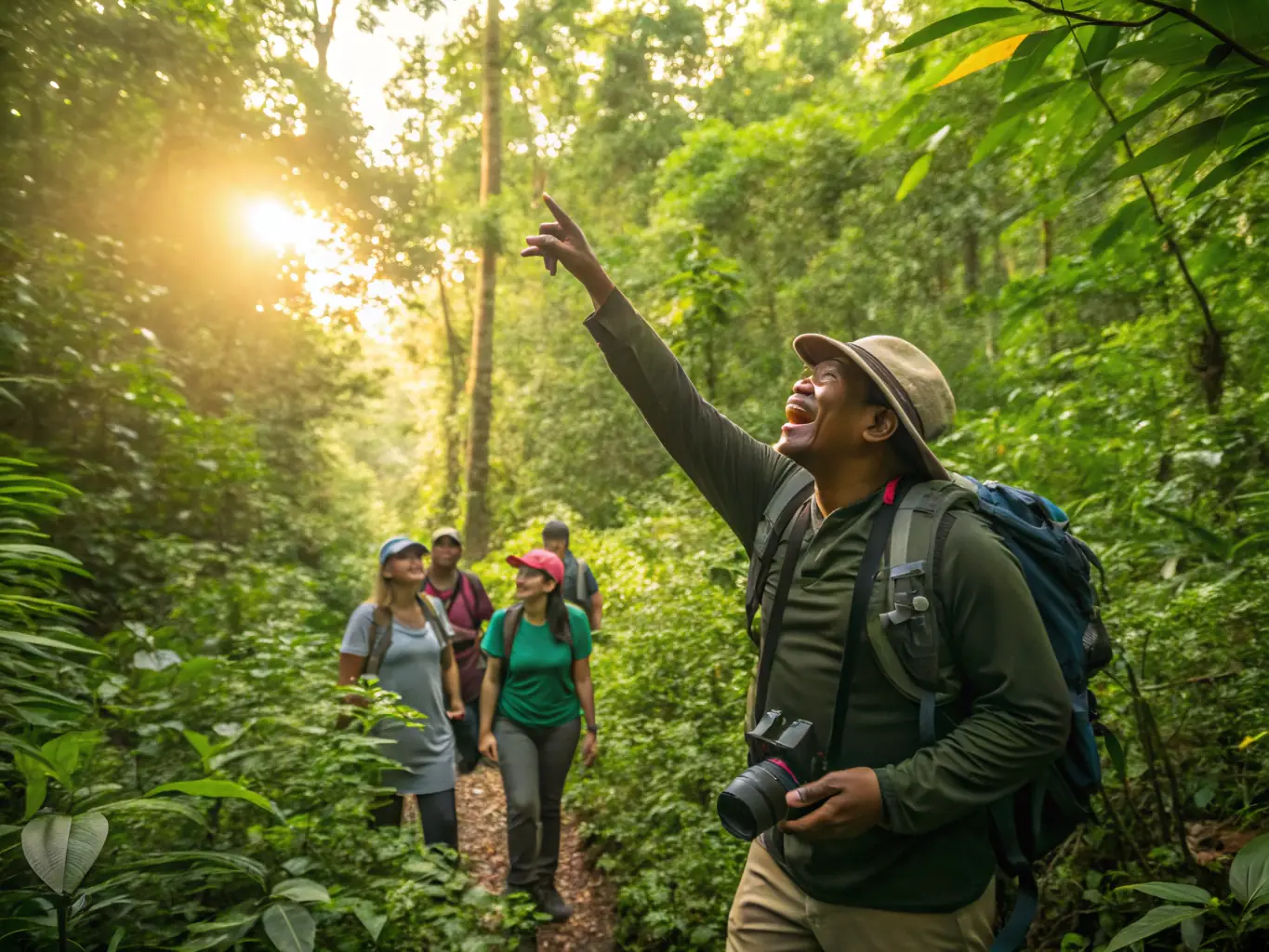 A stunning photograph of a diverse group of tourists enjoying a guided tour through a lush, biodiverse landscape in Nosy Be, highlighting the curated tour experience.